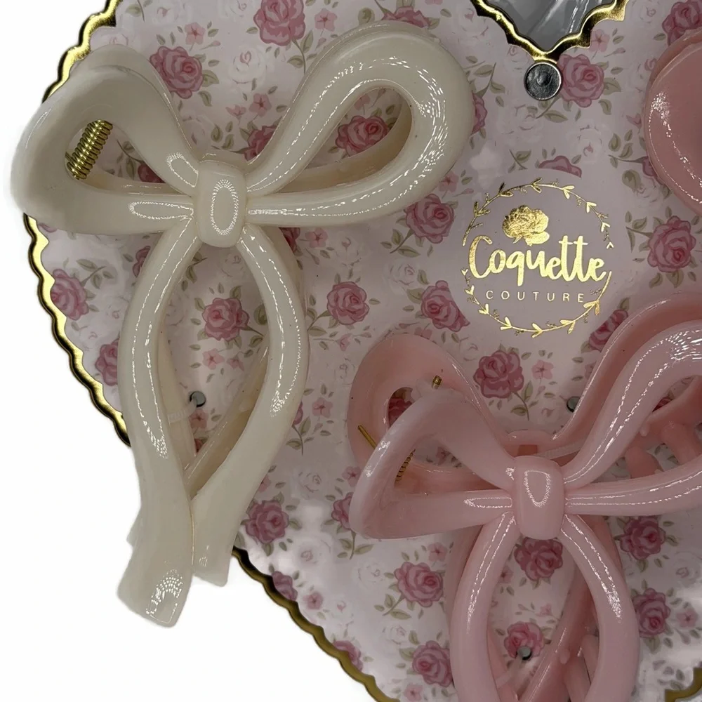 Coquette Couture Ribbon Bow Design Hair Claw Clips Pink White Set of 3